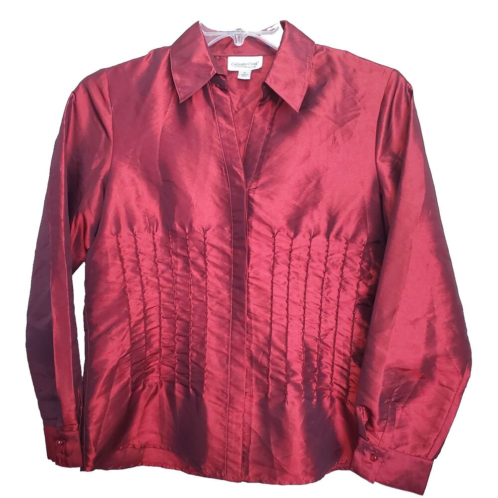 Coldwater Creek Red Satin Iridescent Pintucked Beaded Button-Up Shirt Size MED